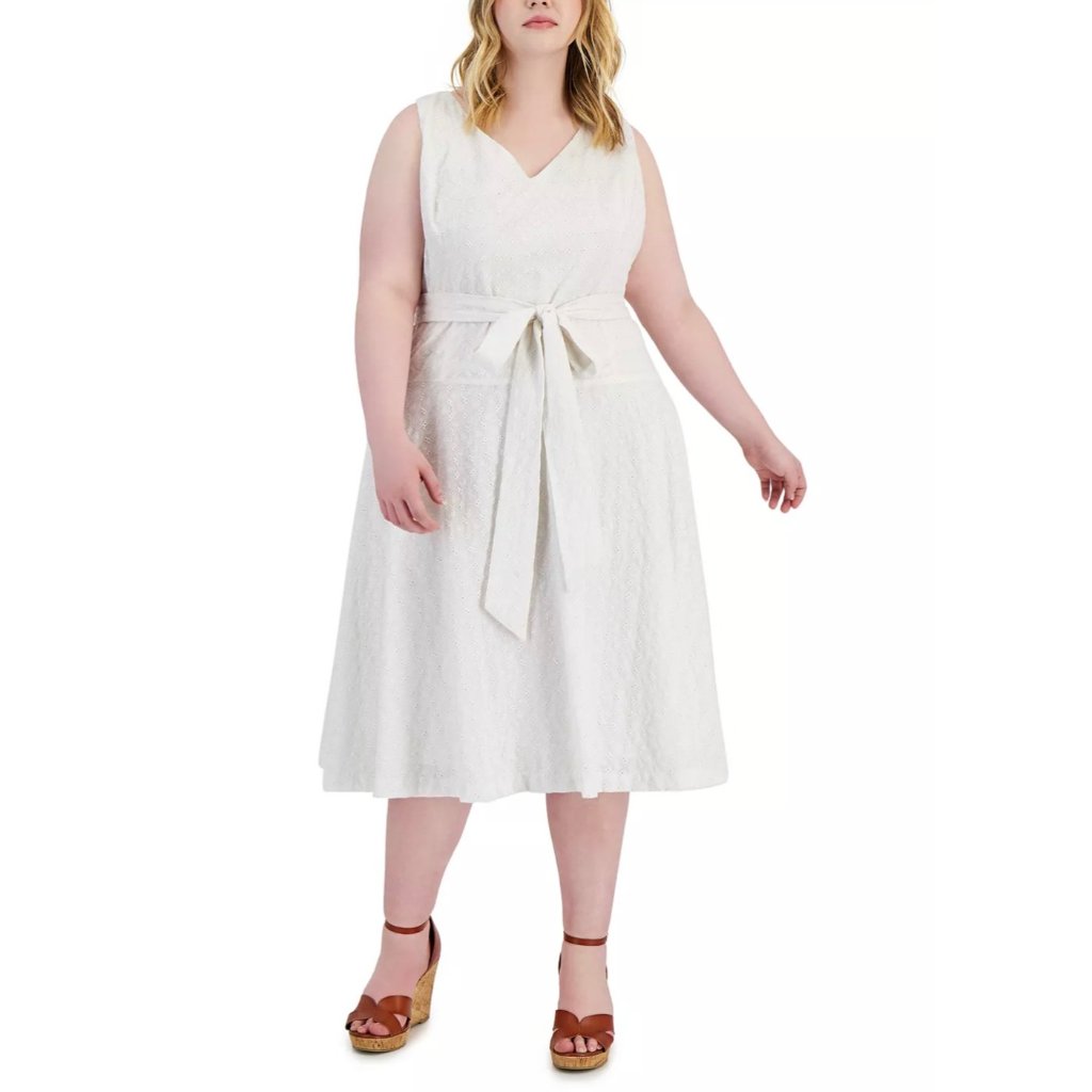 Taylor Plus Size Cotton Embroidered Tie-Waist Dress White 24w